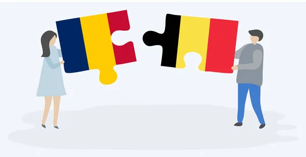 Casal Segurando Duas Peças Quebra Cabeças Com Bandeiras Chadianas Belgas — Vetor de Stock