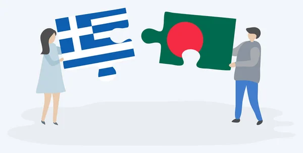 Casal Segurando Duas Peças Quebra Cabeças Com Bandeiras Gregas Bangladesh —  Vetores de Stock