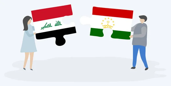 Pareja Sosteniendo Dos Piezas Rompecabezas Con Banderas Iraquíes Tayikos Iraq — Vector de stock
