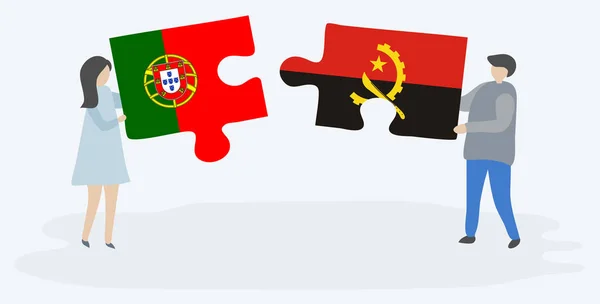 Paar Mit Zwei Puzzleteilen Mit Portugiesischen Und Angolanischen Flaggen Portugiesische — Stockvektor