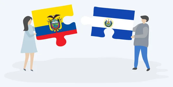 Couple Holding Two Puzzles Pieces Ecuadorian Salvadoran Flags Ecuador Salvador — Stock Vector