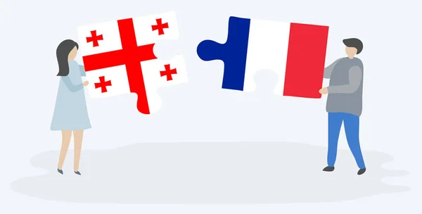 Couple Holding Two Puzzles Pieces Georgian French Flags Georgia France — Stock Vector