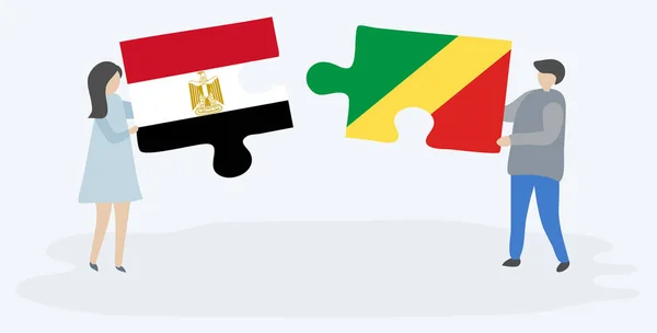 Pareja Sosteniendo Dos Piezas Rompecabezas Con Banderas Egipcias Congoleñas Egipto — Vector de stock