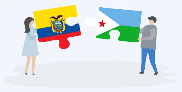 エクアドルとジブチの旗を持つ2つのパズルピースを保持しているカップル エクアドルとジブチの国のシンボル — ストックベクタ