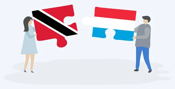 Casal Segurando Duas Peças Quebra Cabeças Com Bandeiras Trinidadianas Luxemburguesas — Vetor de Stock