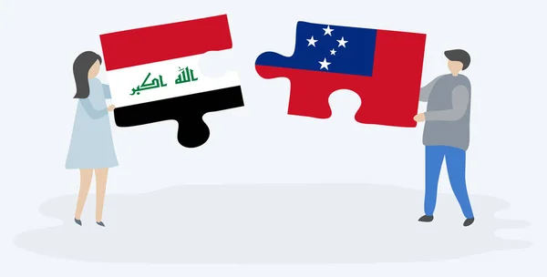 Pareja Sosteniendo Dos Piezas Rompecabezas Con Banderas Iraquíes Samoanas Iraq — Archivo Imágenes Vectoriales