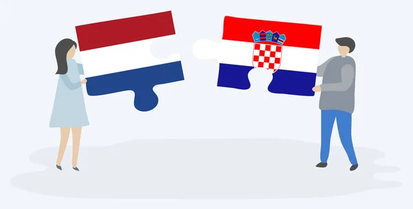 Casal Segurando Duas Peças Quebra Cabeças Com Bandeiras Holandesas Croatas — Vetor de Stock