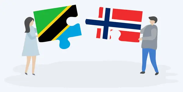 Par Som Innehar Två Pusselbitar Med Tanzanias Och Norska Flaggor — Stock vektor