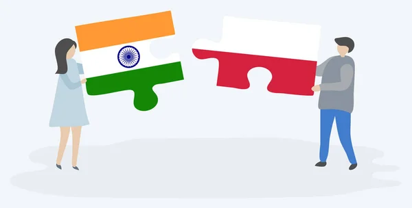 インドとポーランドの旗を持つ2つのパズルのピースを保持しているカップル インドとポーランドのシンボル — ストックベクタ