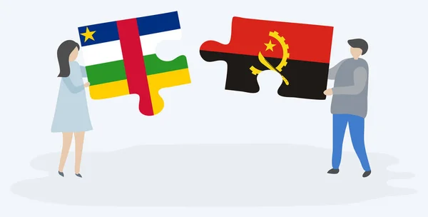 Paar Houden Twee Puzzels Stukken Met Centraal Afrikaanse Angolese Vlaggen — Stockvector