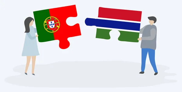 Casal Com Duas Peças Puzzles Com Bandeiras Portuguesas Gambianas Portugal —  Vetores de Stock