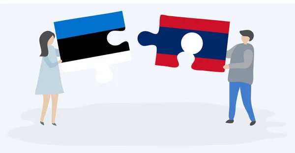 Paar Houden Twee Puzzels Stukken Met Ests Lao Vlaggen Estland — Stockvector