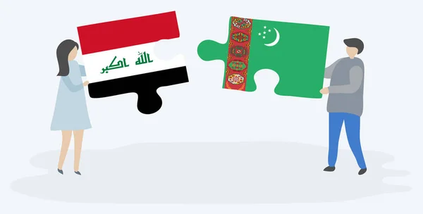 Pareja Sosteniendo Dos Piezas Rompecabezas Con Banderas Iraquíes Turcomanos Iraq — Vector de stock