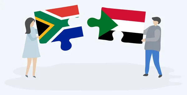 Dvojice Drží Dvě Skládanky Jihoafrickými Súdánskými Vlajkami Národní Symboly Jižní — Stockový vektor