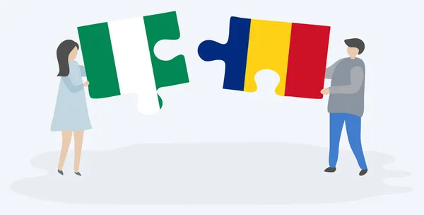 Couple Holding Two Puzzles Pieces Nigerian Romanian Flags Nigeria Romania — Stock Vector