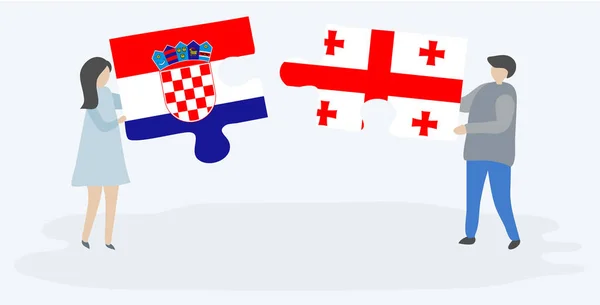 Casal Segurando Duas Peças Quebra Cabeças Com Bandeiras Croatas Georgianas — Vetor de Stock