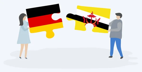 Paar Houden Twee Puzzels Stukken Met Duitse Bruneian Vlaggen Duitsland — Stockvector