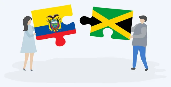 一对夫妇拿着两块拼图 上面挂着厄瓜多尔和牙买加国旗 厄瓜多尔和牙买加国家符号在一起 — 图库矢量图片