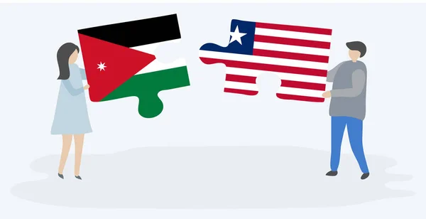 Para Trzymania Dwóch Puzzli Jordańskich Liberyjskich Flag Symbole Narodowe Jordanii — Wektor stockowy