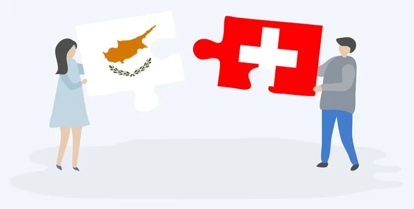 Para Trzymania Dwóch Puzzli Cypryjskich Szwajcarskich Flag Symbole Narodowe Cypru — Wektor stockowy