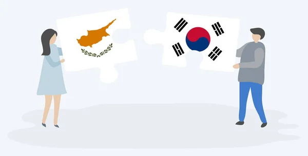 Para Trzyma Dwa Kawałki Puzzli Cypryjskich Południowokoreańskich Flag Symbole Narodowe — Wektor stockowy