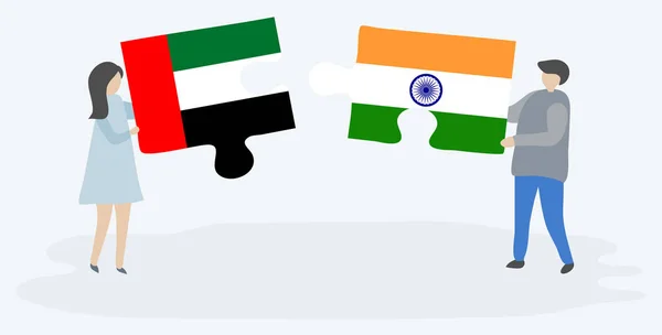 Casal Segurando Duas Peças Quebra Cabeças Com Bandeiras Emirianas Índias — Vetor de Stock