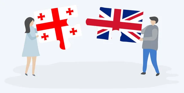 Couple Tenant Deux Pièces Puzzles Avec Des Drapeaux Géorgien Britannique — Image vectorielle