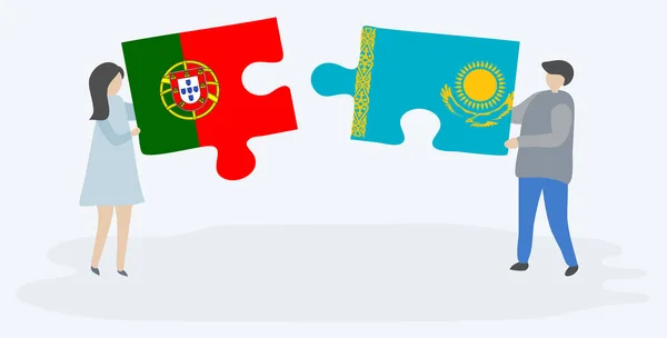 Paar Mit Zwei Puzzleteilen Mit Portugiesischen Und Kasachischen Flaggen Portugiesische — Stockvektor