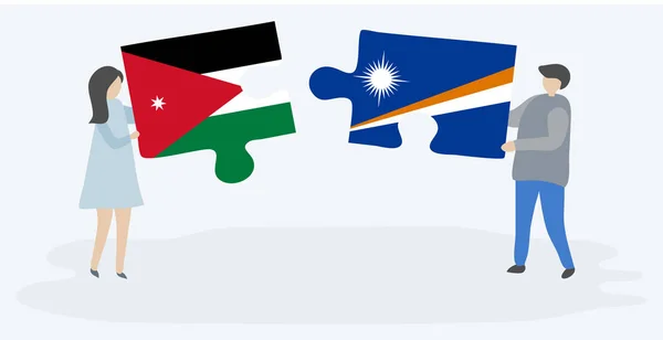 Casal Segurando Duas Peças Quebra Cabeças Com Bandeiras Jordanianas Marshallese —  Vetores de Stock