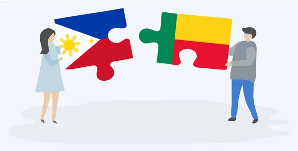 一对夫妇拿着两个拼图片与菲律宾和贝宁国旗 菲律宾和贝宁国家符号在一起 — 图库矢量图片