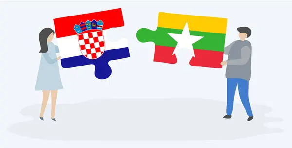 Ζευγάρι Που Κρατά Δύο Κομμάτια Παζλ Κροατικές Και Βιρμανικές Σημαίες — Διανυσματικό Αρχείο
