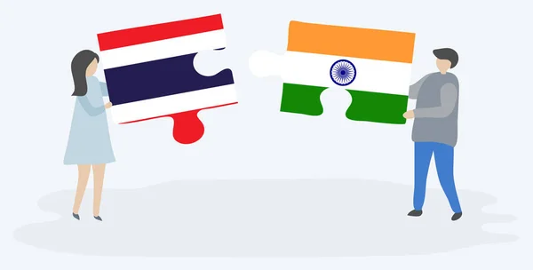 Couple Tenant Deux Pièces Puzzles Avec Des Drapeaux Thaïlandais Indiens — Image vectorielle