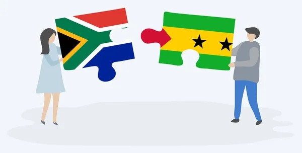 Pareja Sosteniendo Dos Piezas Rompecabezas Con Banderas Sudáfrica Santo Tomé — Vector de stock