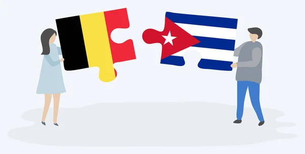 Paar Houden Twee Puzzels Stukken Met Belgische Cubaanse Vlaggen België — Stockvector