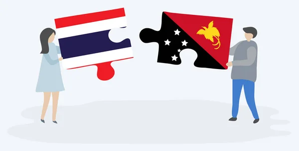 Casal Segurando Duas Peças Quebra Cabeças Com Bandeiras Tailandesas Papuas —  Vetores de Stock