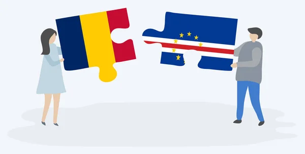 Paar Houden Twee Puzzels Stukken Met Chadian Cabo Verdean Vlaggen — Stockvector