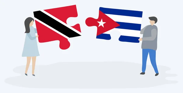 Par Som Innehar Två Pusselbitar Med Trinidadian Och Kubanska Flaggor — Stock vektor
