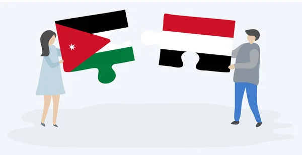 Paar Houden Twee Puzzels Stukken Met Jordaanse Jemeniense Vlaggen Jordanië — Stockvector