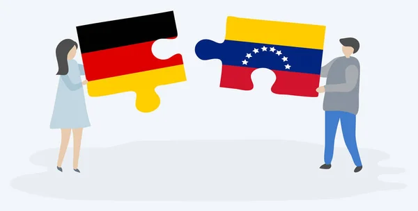 Ζευγάρι Που Κρατά Δύο Κομμάτια Παζλ Γερμανικές Και Βενεζουέλας Σημαίες — Διανυσματικό Αρχείο