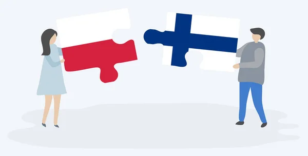 Pareja Sosteniendo Dos Piezas Rompecabezas Con Banderas Polacas Finlandesas Polonia — Archivo Imágenes Vectoriales