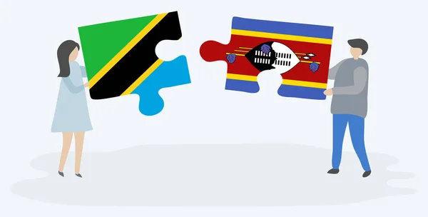 Casal Segurando Duas Peças Quebra Cabeças Com Bandeiras Tanzânia Suazi —  Vetores de Stock