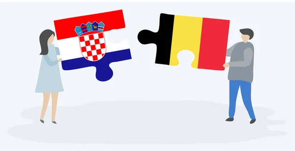 Casal Segurando Dois Quebra Cabeças Peças Com Bandeiras Croatas Belgas —  Vetores de Stock