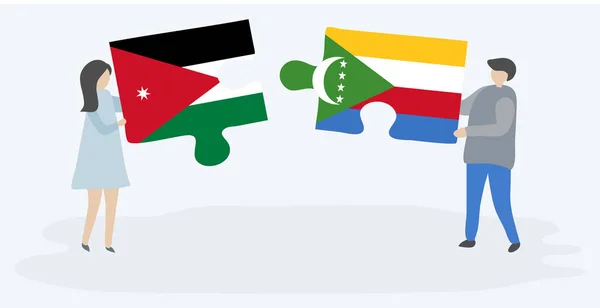 Pareja Sosteniendo Dos Piezas Rompecabezas Con Banderas Jordanas Comoranas Jordania — Archivo Imágenes Vectoriales