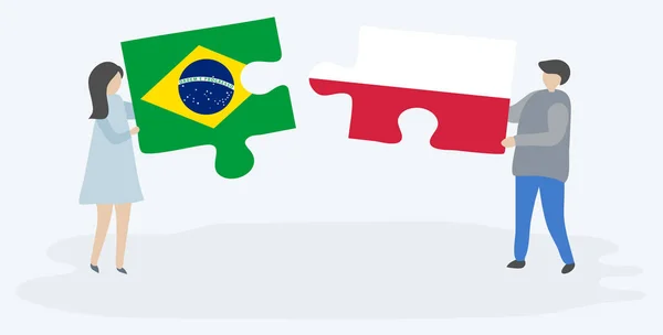 Ζευγάρι Που Κρατά Δύο Κομμάτια Παζλ Βραζιλιάνικα Και Πολωνικά Σημαίες — Διανυσματικό Αρχείο