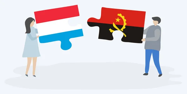 Paar Houden Twee Puzzels Stukken Met Luxemburgse Angolese Vlaggen Luxemburgse — Stockvector