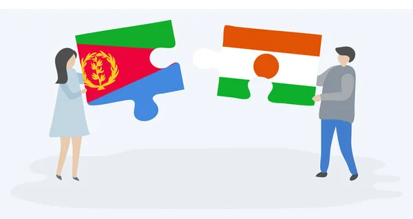 Pareja Sosteniendo Dos Piezas Rompecabezas Con Banderas Eritreas Nigerianas Eritrea — Vector de stock