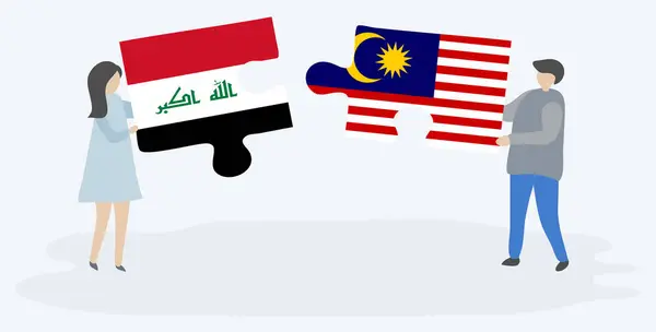 Pareja Sosteniendo Dos Piezas Rompecabezas Con Banderas Iraquíes Malasios Iraq — Vector de stock