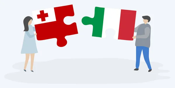 Couple Holding Two Puzzles Pieces Tongan Italian Flags Tonga Italy — Stock Vector
