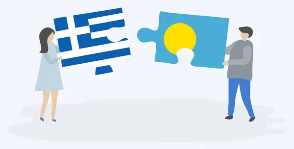 Ζευγάρι Που Κρατά Δύο Κομμάτια Παζλ Ελληνικές Και Palauan Σημαίες — Διανυσματικό Αρχείο
