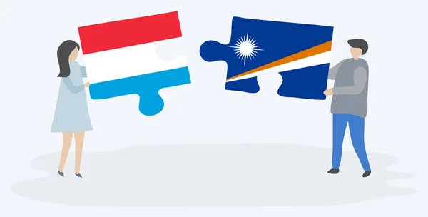 Paar Houden Twee Puzzels Stukken Met Luxemburgse Marshallese Vlaggen Nationale — Stockvector